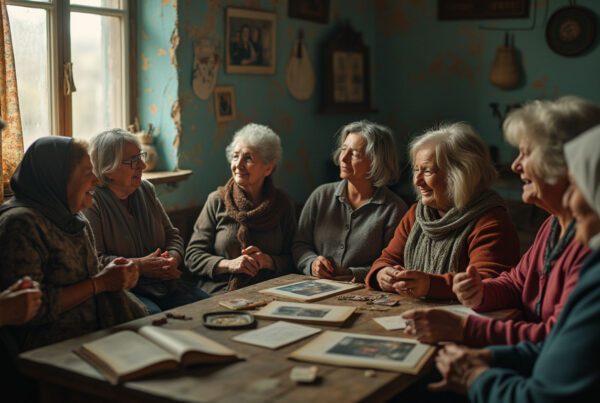Cinematic image depicting resilient Ukrainian women sharing survival stories in a warm community center, symbolizing strength and hope amidst adversity.