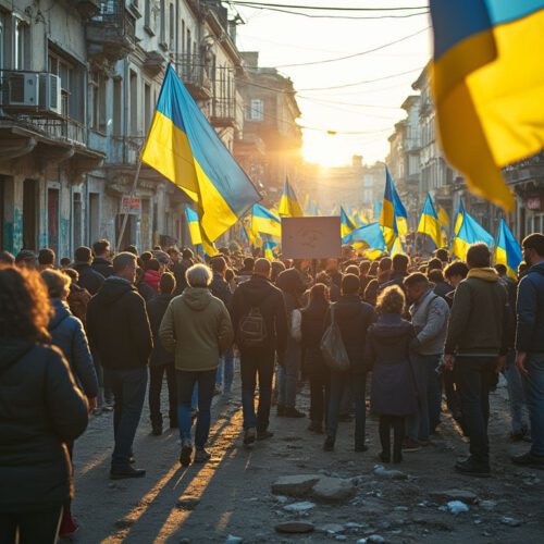 A group of Ukrainian people holding flags, gathered in a damaged urban street, showcasing unity amidst destruction, symbolizing hope and resilience.